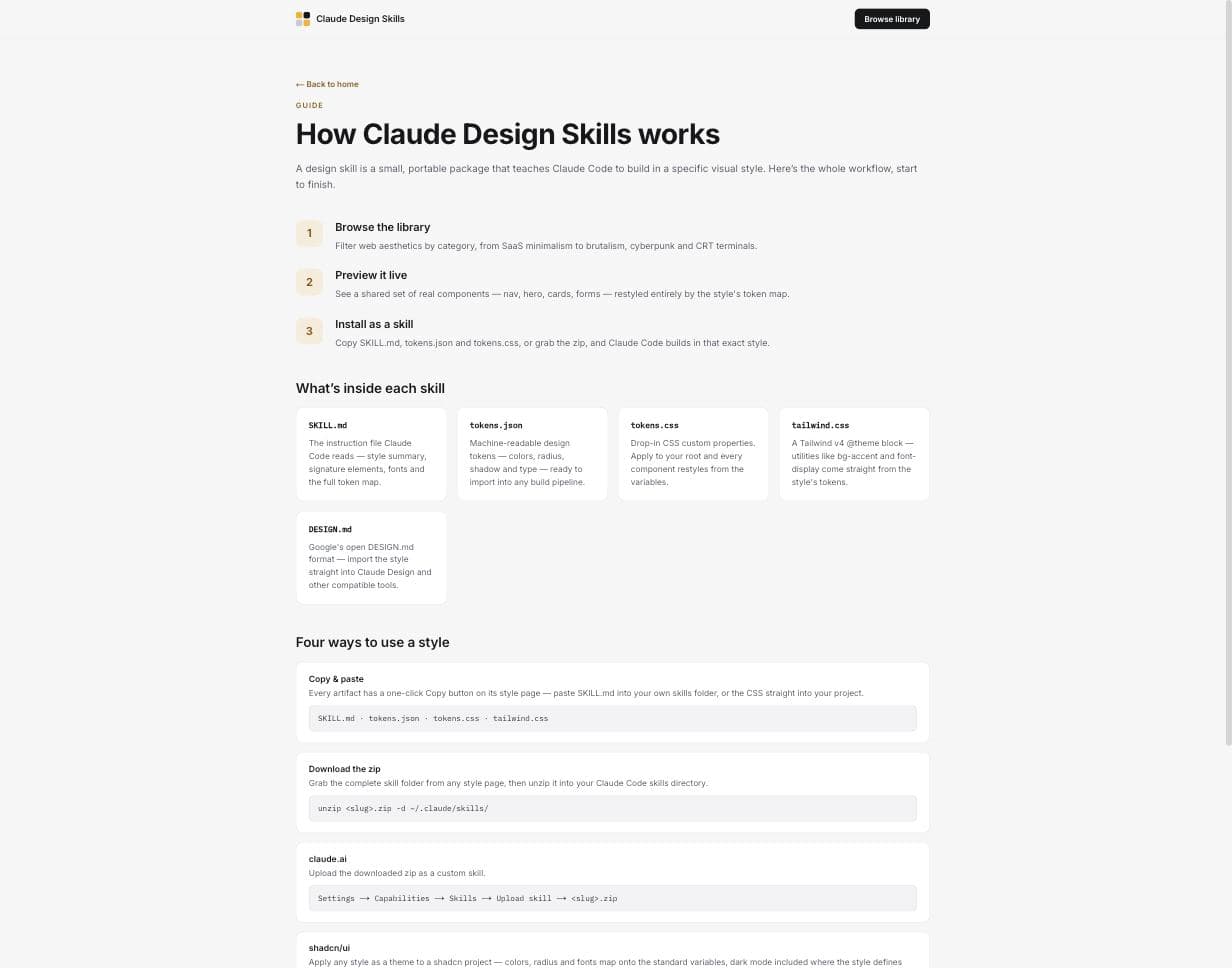 The guide page: three steps, the five artifacts, and four ways to use a style