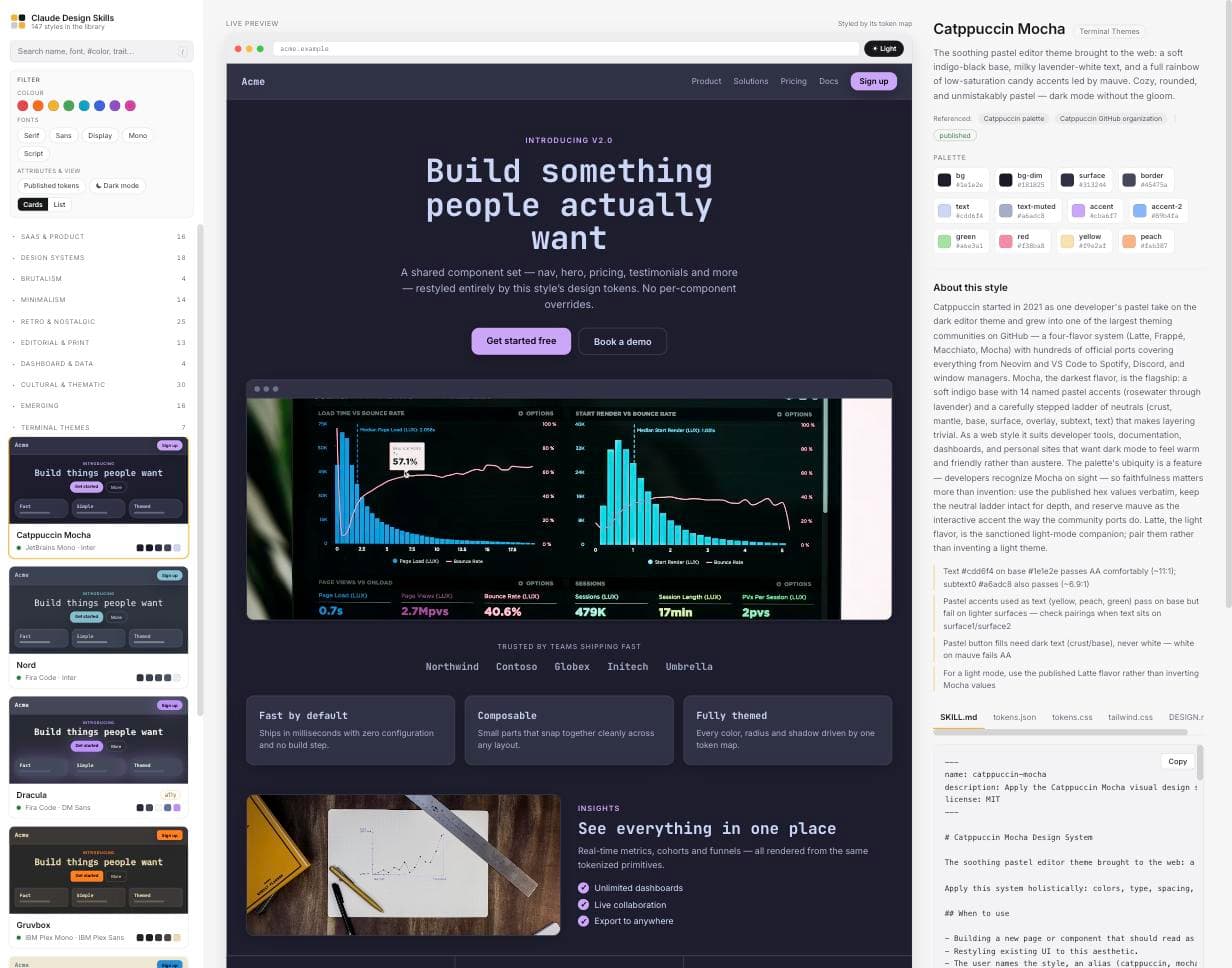 Catppuccin Mocha shown as a design system, with palette roles and a light-mode toggle