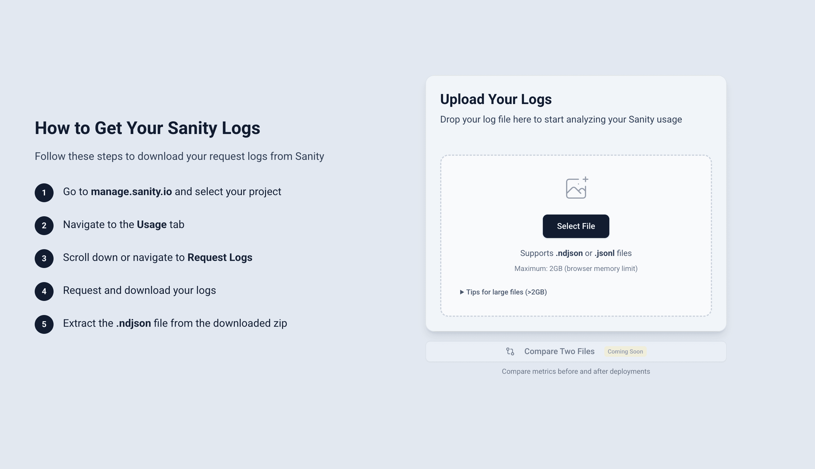 InsanityLogs file upload screen with drag and drop zone